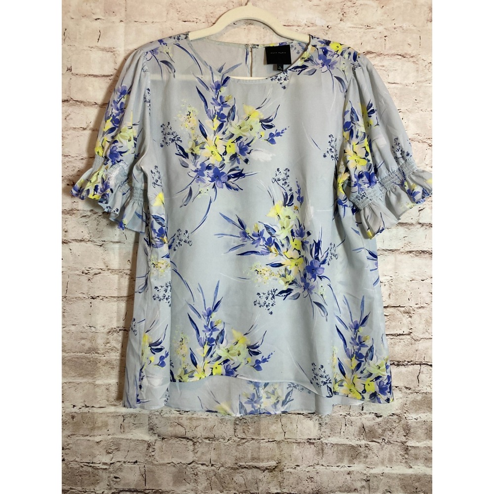 Alex Marie Light Blue Floral Ruffle Sleeve Blouse